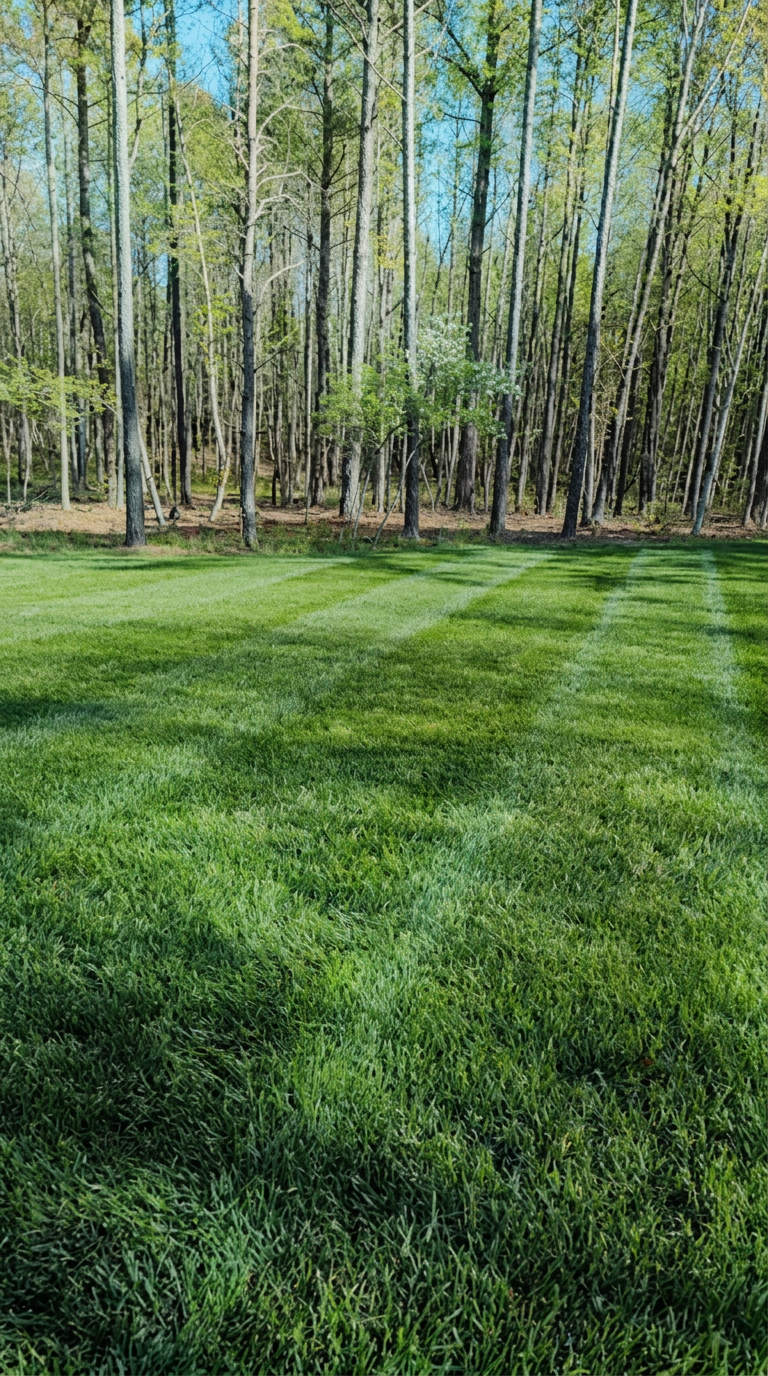 Striped lawn beside a wooded lot