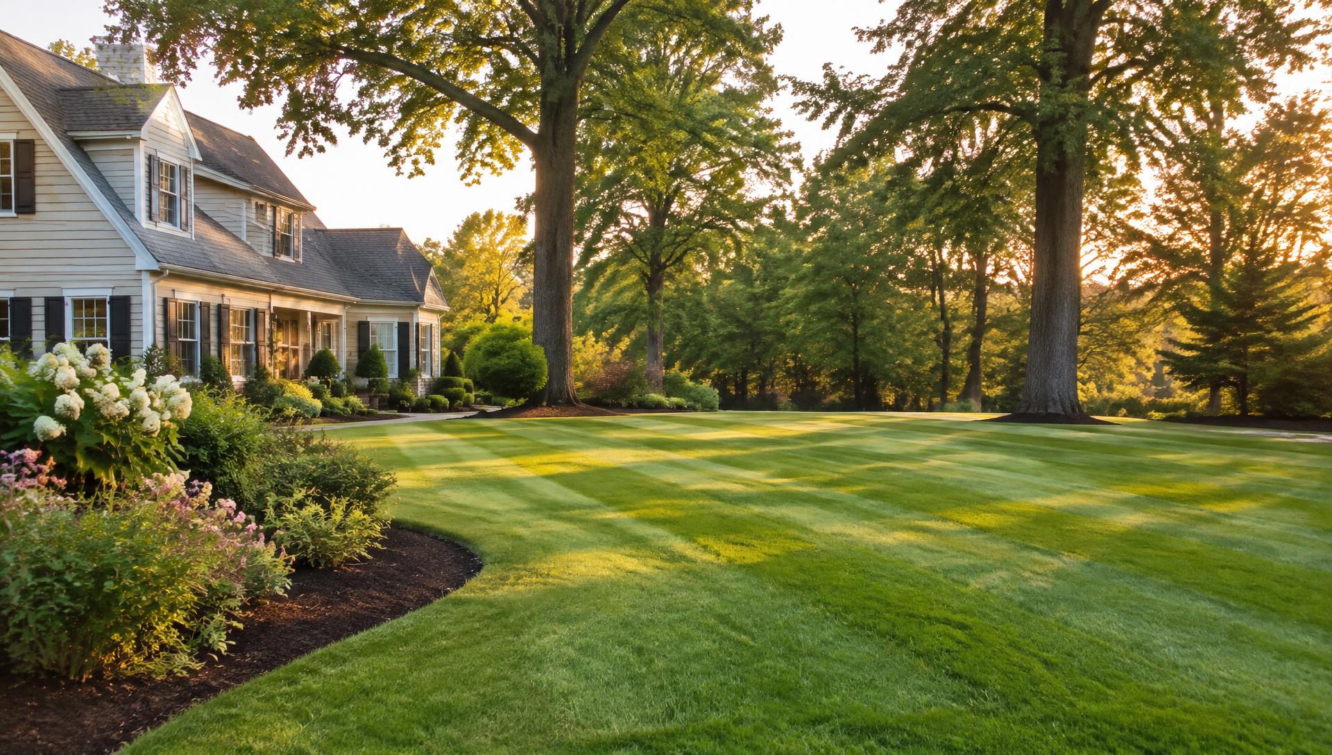 Freshly striped lawn in front of a well-kept home
